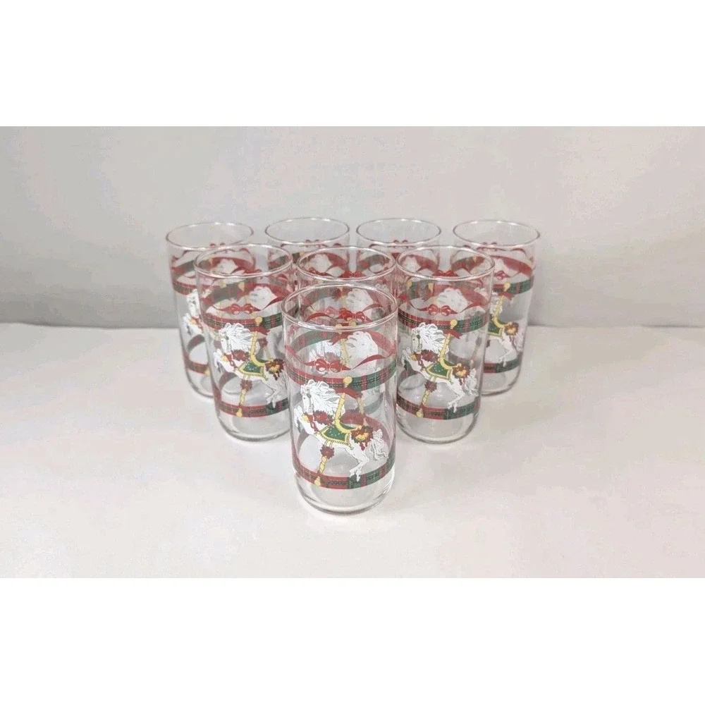 Vintage House of Lloyd Christmas Carousel Horses Tumbler Set of‎ 8 Glasses 1990